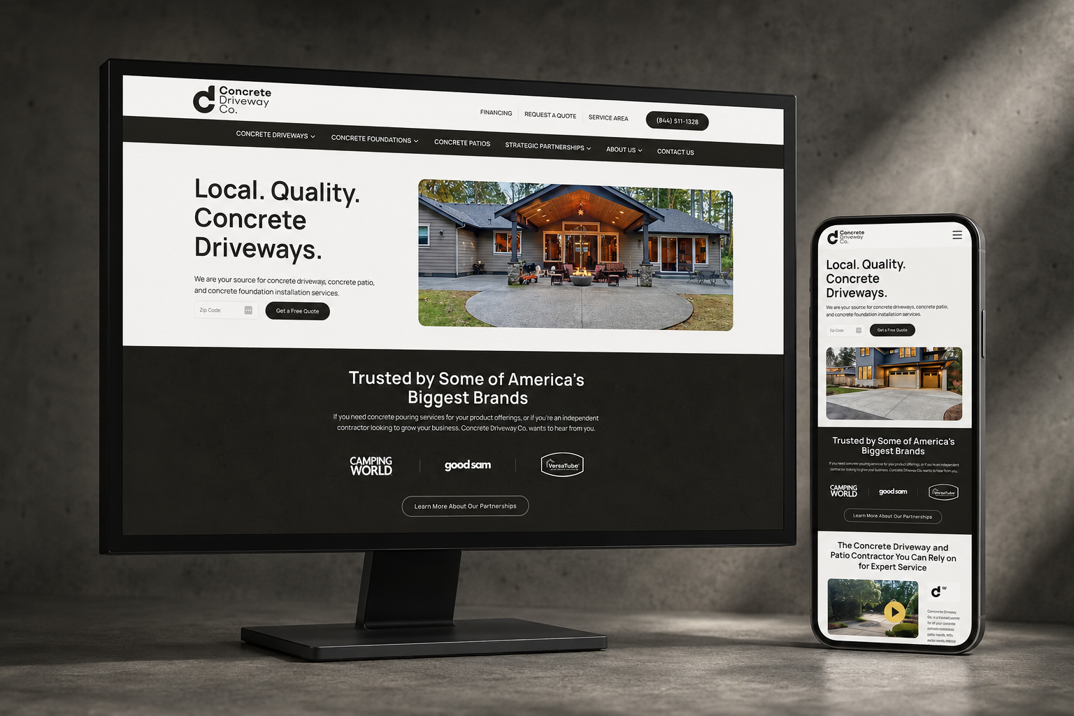 mock-up of concrete driveway company website in monitor and phone